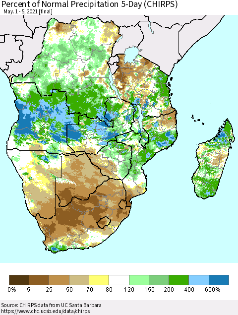 Southern Africa Percent of Normal Precipitation 5-Day (CHIRPS) Thematic Map For 5/1/2021 - 5/5/2021