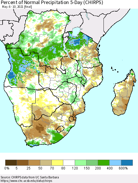 Southern Africa Percent of Normal Precipitation 5-Day (CHIRPS) Thematic Map For 5/6/2021 - 5/10/2021