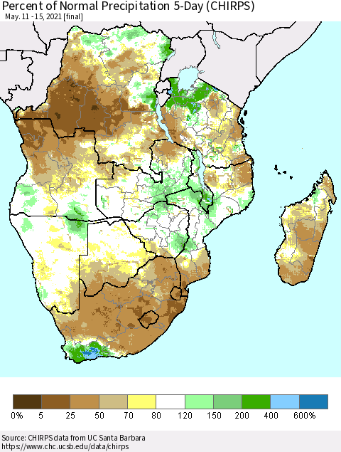 Southern Africa Percent of Normal Precipitation 5-Day (CHIRPS) Thematic Map For 5/11/2021 - 5/15/2021