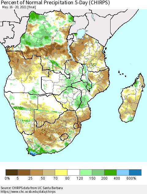 Southern Africa Percent of Normal Precipitation 5-Day (CHIRPS) Thematic Map For 5/16/2021 - 5/20/2021