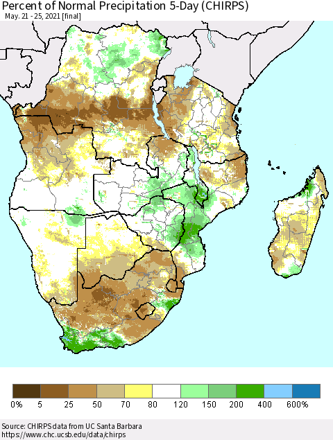 Southern Africa Percent of Normal Precipitation 5-Day (CHIRPS) Thematic Map For 5/21/2021 - 5/25/2021