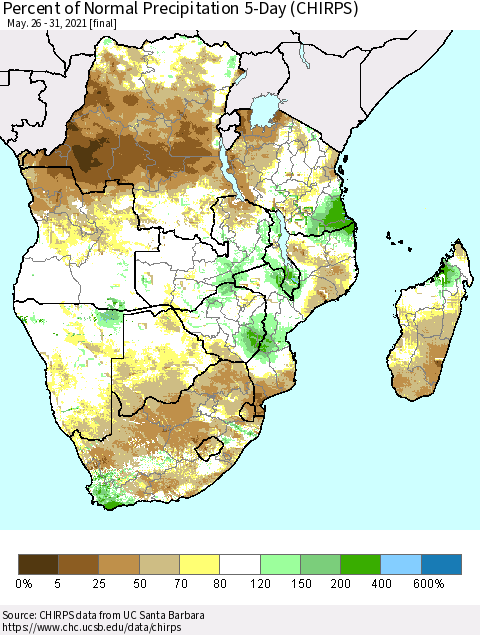Southern Africa Percent of Normal Precipitation 5-Day (CHIRPS) Thematic Map For 5/26/2021 - 5/31/2021
