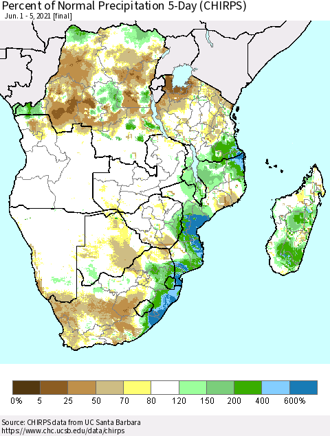 Southern Africa Percent of Normal Precipitation 5-Day (CHIRPS) Thematic Map For 6/1/2021 - 6/5/2021