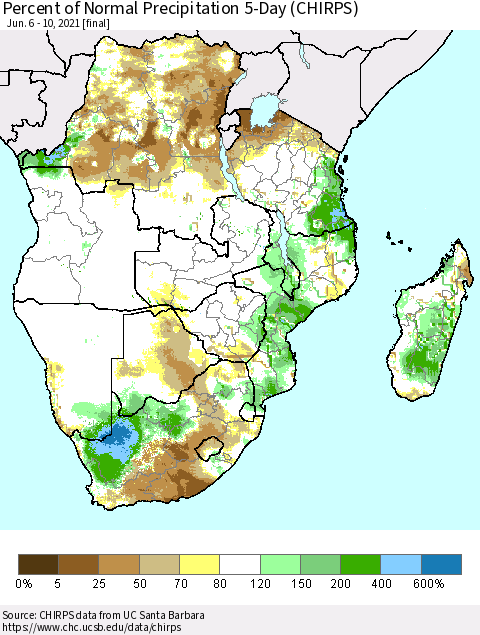 Southern Africa Percent of Normal Precipitation 5-Day (CHIRPS) Thematic Map For 6/6/2021 - 6/10/2021