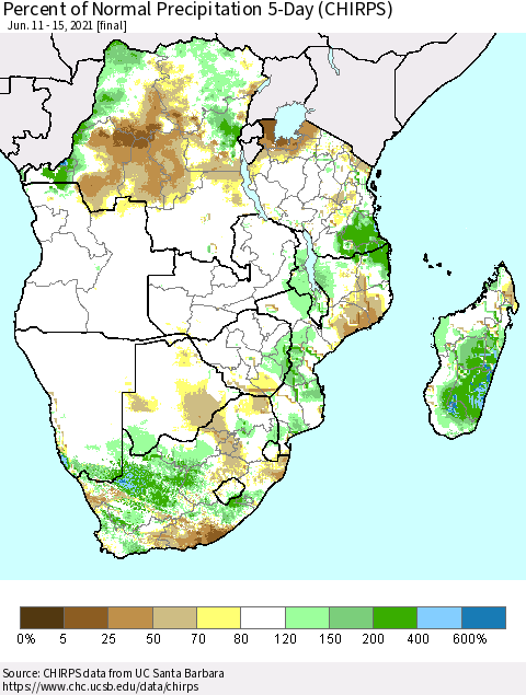 Southern Africa Percent of Normal Precipitation 5-Day (CHIRPS) Thematic Map For 6/11/2021 - 6/15/2021