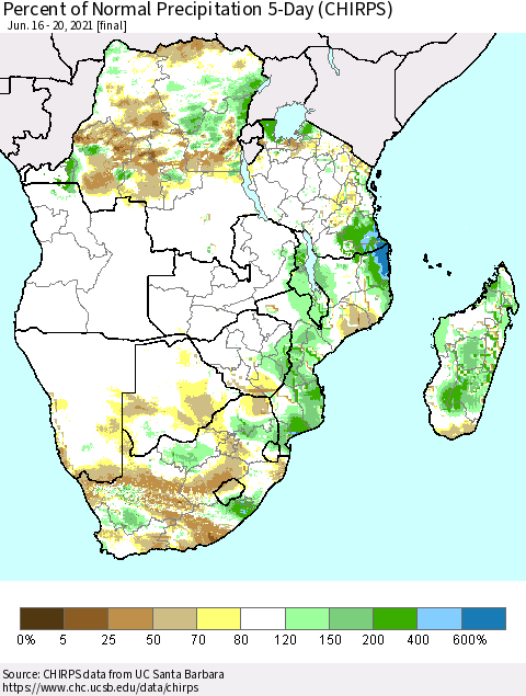 Southern Africa Percent of Normal Precipitation 5-Day (CHIRPS) Thematic Map For 6/16/2021 - 6/20/2021