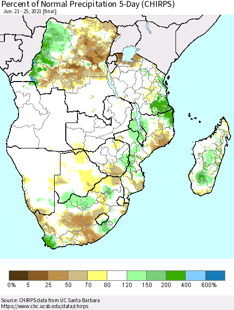 Southern Africa Percent of Normal Precipitation 5-Day (CHIRPS) Thematic Map For 6/21/2021 - 6/25/2021