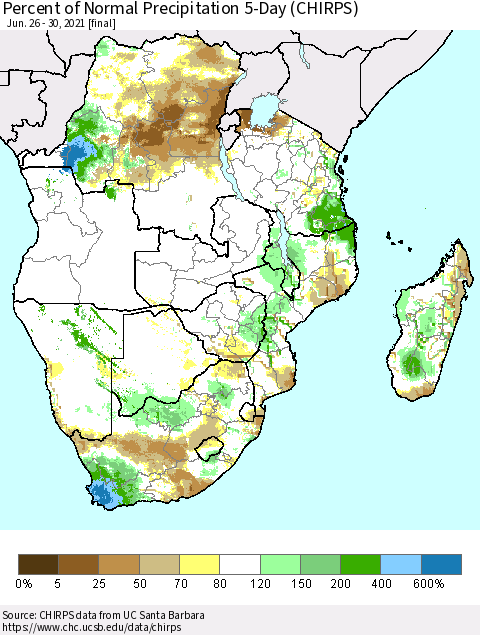 Southern Africa Percent of Normal Precipitation 5-Day (CHIRPS) Thematic Map For 6/26/2021 - 6/30/2021