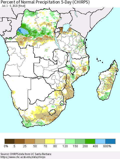 Southern Africa Percent of Normal Precipitation 5-Day (CHIRPS) Thematic Map For 7/1/2021 - 7/5/2021
