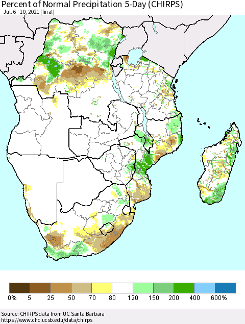 Southern Africa Percent of Normal Precipitation 5-Day (CHIRPS) Thematic Map For 7/6/2021 - 7/10/2021