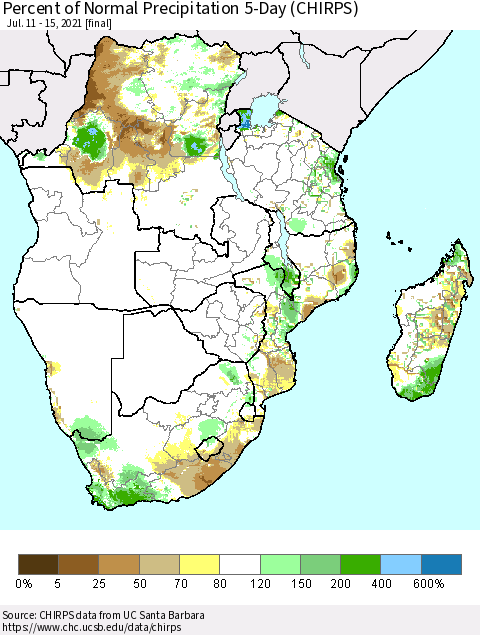 Southern Africa Percent of Normal Precipitation 5-Day (CHIRPS) Thematic Map For 7/11/2021 - 7/15/2021