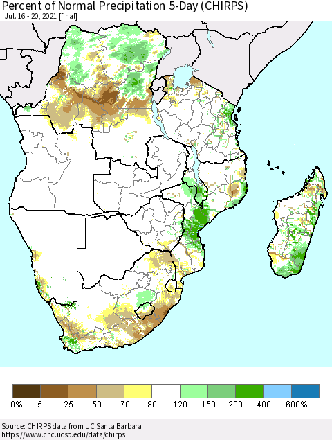 Southern Africa Percent of Normal Precipitation 5-Day (CHIRPS) Thematic Map For 7/16/2021 - 7/20/2021