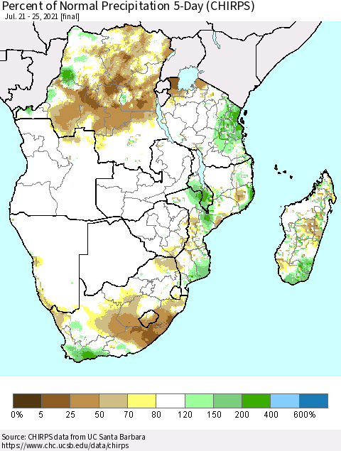 Southern Africa Percent of Normal Precipitation 5-Day (CHIRPS) Thematic Map For 7/21/2021 - 7/25/2021