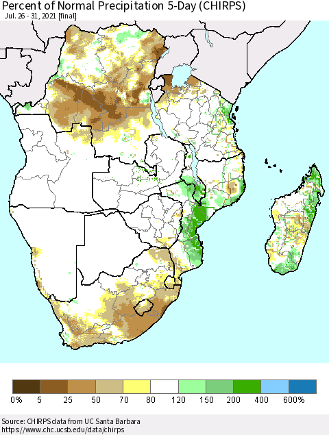 Southern Africa Percent of Normal Precipitation 5-Day (CHIRPS) Thematic Map For 7/26/2021 - 7/31/2021