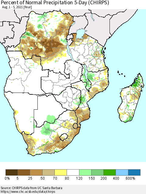 Southern Africa Percent of Normal Precipitation 5-Day (CHIRPS) Thematic Map For 8/1/2021 - 8/5/2021