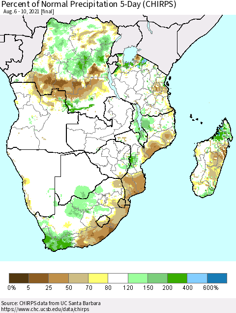 Southern Africa Percent of Normal Precipitation 5-Day (CHIRPS) Thematic Map For 8/6/2021 - 8/10/2021