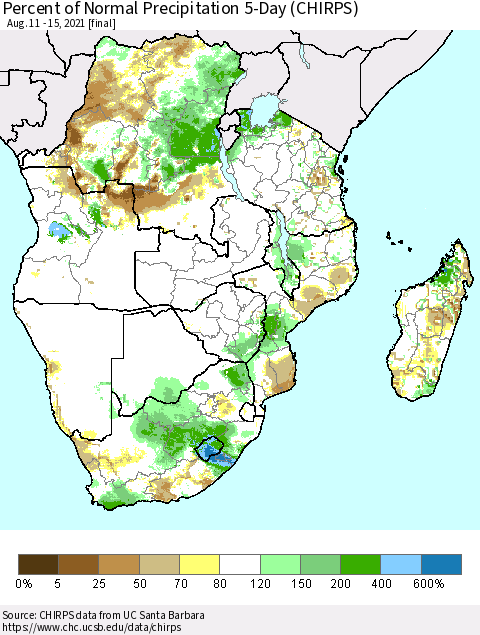 Southern Africa Percent of Normal Precipitation 5-Day (CHIRPS) Thematic Map For 8/11/2021 - 8/15/2021
