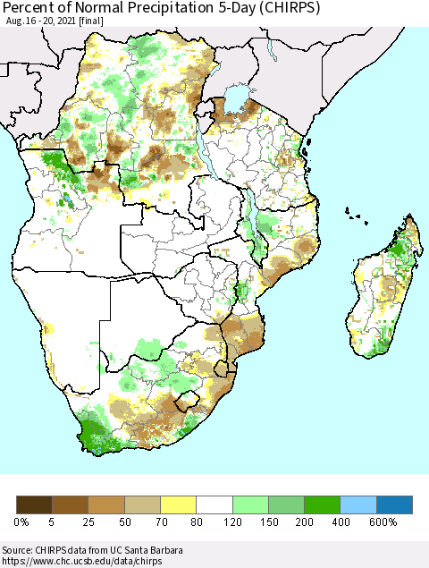 Southern Africa Percent of Normal Precipitation 5-Day (CHIRPS) Thematic Map For 8/16/2021 - 8/20/2021