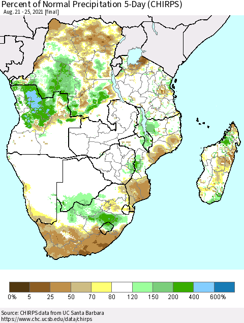 Southern Africa Percent of Normal Precipitation 5-Day (CHIRPS) Thematic Map For 8/21/2021 - 8/25/2021
