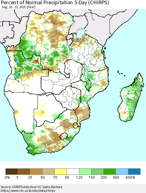 Southern Africa Percent of Normal Precipitation 5-Day (CHIRPS) Thematic Map For 8/26/2021 - 8/31/2021
