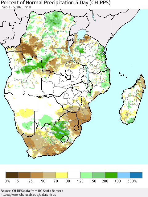 Southern Africa Percent of Normal Precipitation 5-Day (CHIRPS) Thematic Map For 9/1/2021 - 9/5/2021
