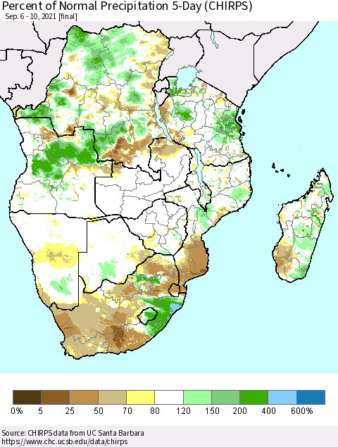 Southern Africa Percent of Normal Precipitation 5-Day (CHIRPS) Thematic Map For 9/6/2021 - 9/10/2021