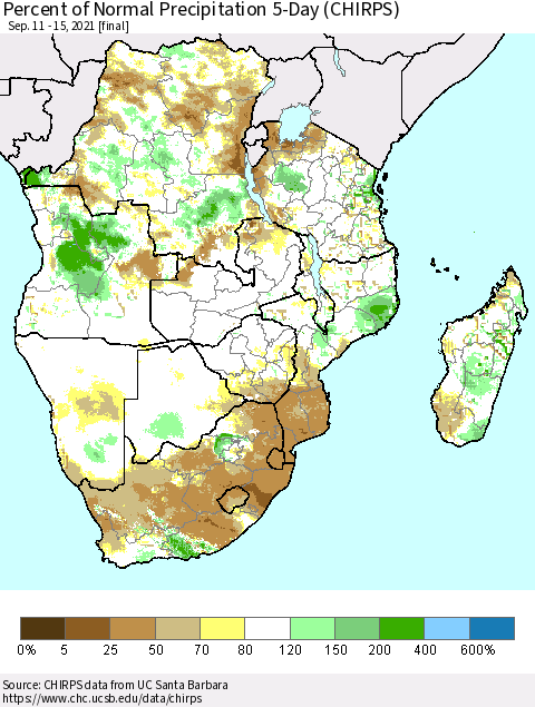 Southern Africa Percent of Normal Precipitation 5-Day (CHIRPS) Thematic Map For 9/11/2021 - 9/15/2021