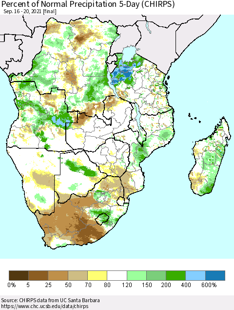 Southern Africa Percent of Normal Precipitation 5-Day (CHIRPS) Thematic Map For 9/16/2021 - 9/20/2021