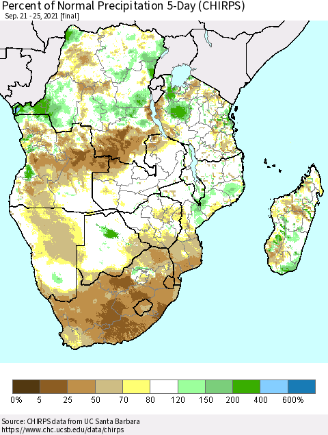Southern Africa Percent of Normal Precipitation 5-Day (CHIRPS) Thematic Map For 9/21/2021 - 9/25/2021