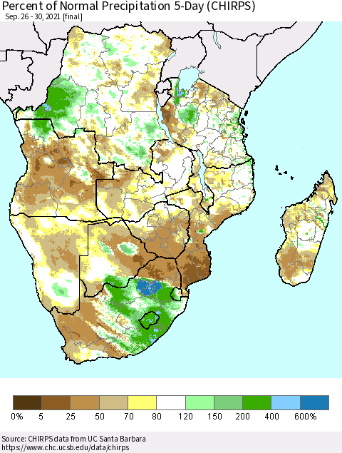 Southern Africa Percent of Normal Precipitation 5-Day (CHIRPS) Thematic Map For 9/26/2021 - 9/30/2021