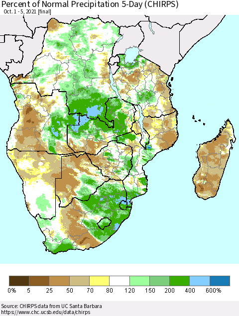 Southern Africa Percent of Normal Precipitation 5-Day (CHIRPS) Thematic Map For 10/1/2021 - 10/5/2021