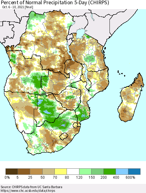 Southern Africa Percent of Normal Precipitation 5-Day (CHIRPS) Thematic Map For 10/6/2021 - 10/10/2021