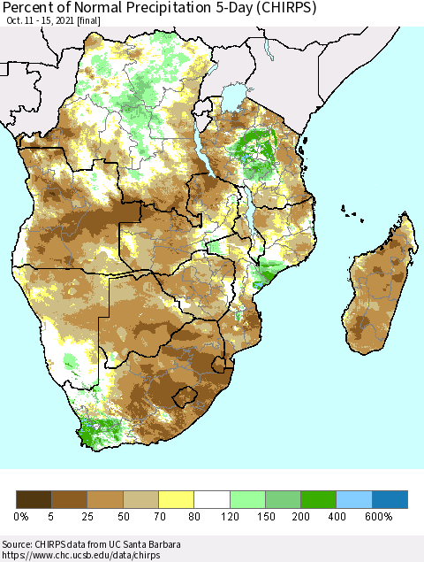 Southern Africa Percent of Normal Precipitation 5-Day (CHIRPS) Thematic Map For 10/11/2021 - 10/15/2021