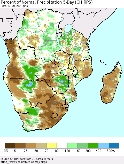 Southern Africa Percent of Normal Precipitation 5-Day (CHIRPS) Thematic Map For 10/16/2021 - 10/20/2021