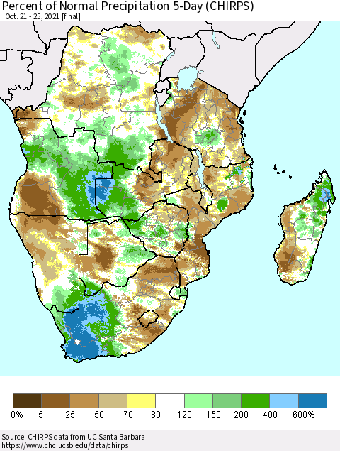 Southern Africa Percent of Normal Precipitation 5-Day (CHIRPS) Thematic Map For 10/21/2021 - 10/25/2021