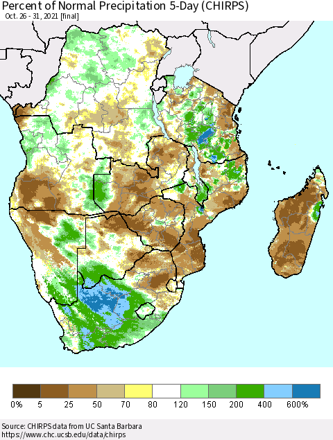 Southern Africa Percent of Normal Precipitation 5-Day (CHIRPS) Thematic Map For 10/26/2021 - 10/31/2021