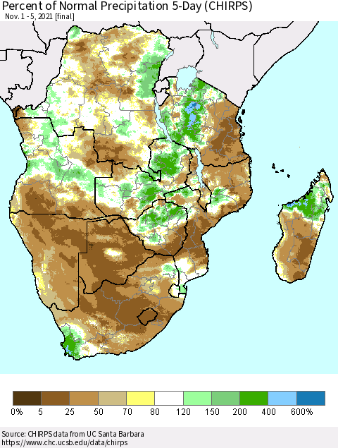 Southern Africa Percent of Normal Precipitation 5-Day (CHIRPS) Thematic Map For 11/1/2021 - 11/5/2021