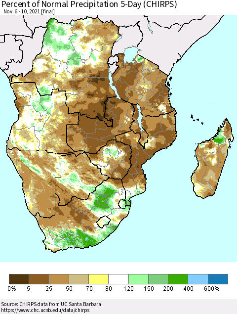 Southern Africa Percent of Normal Precipitation 5-Day (CHIRPS) Thematic Map For 11/6/2021 - 11/10/2021