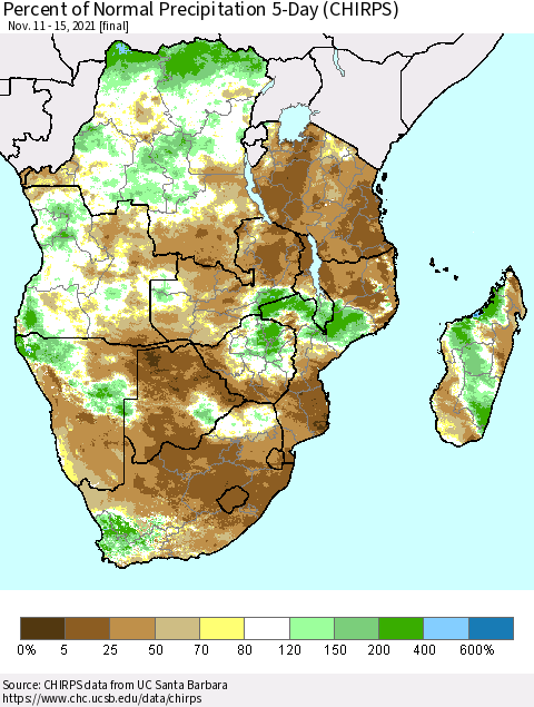 Southern Africa Percent of Normal Precipitation 5-Day (CHIRPS) Thematic Map For 11/11/2021 - 11/15/2021
