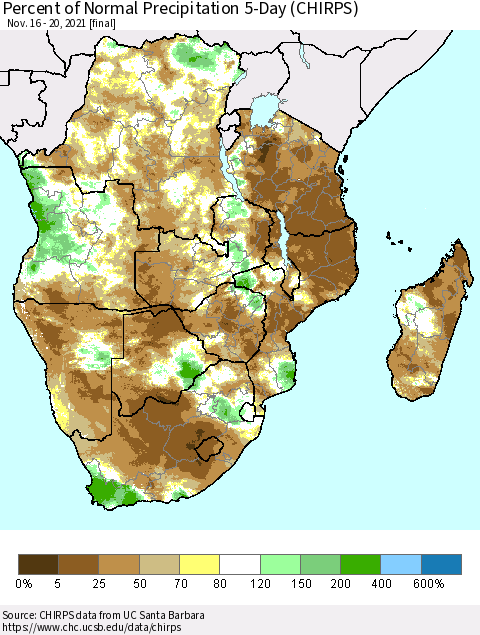 Southern Africa Percent of Normal Precipitation 5-Day (CHIRPS) Thematic Map For 11/16/2021 - 11/20/2021