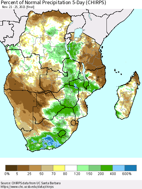 Southern Africa Percent of Normal Precipitation 5-Day (CHIRPS) Thematic Map For 11/21/2021 - 11/25/2021