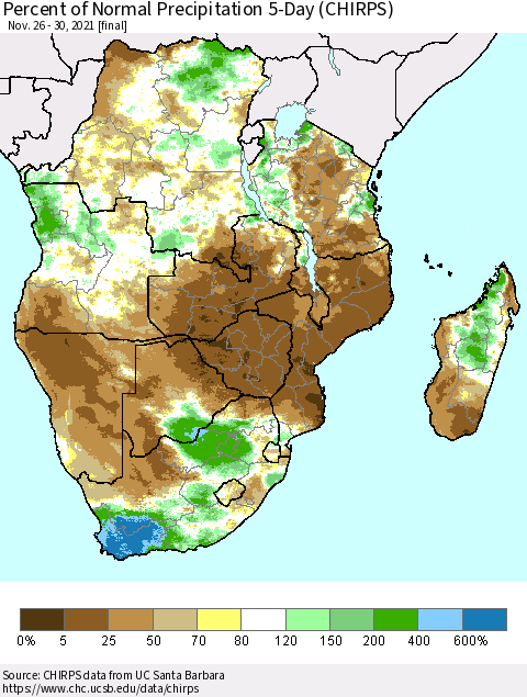 Southern Africa Percent of Normal Precipitation 5-Day (CHIRPS) Thematic Map For 11/26/2021 - 11/30/2021