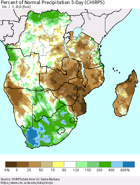 Southern Africa Percent of Normal Precipitation 5-Day (CHIRPS) Thematic Map For 12/1/2021 - 12/5/2021
