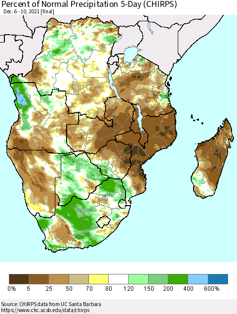 Southern Africa Percent of Normal Precipitation 5-Day (CHIRPS) Thematic Map For 12/6/2021 - 12/10/2021