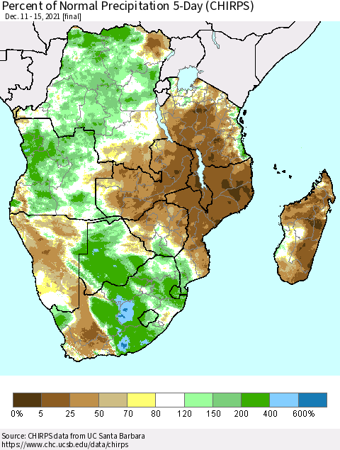 Southern Africa Percent of Normal Precipitation 5-Day (CHIRPS) Thematic Map For 12/11/2021 - 12/15/2021