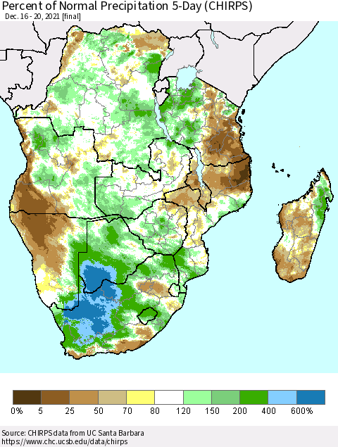 Southern Africa Percent of Normal Precipitation 5-Day (CHIRPS) Thematic Map For 12/16/2021 - 12/20/2021