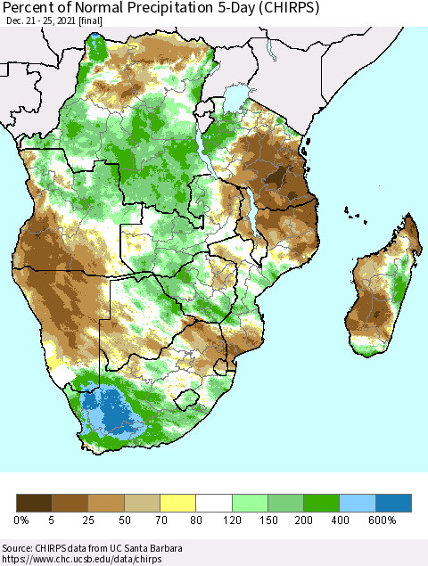 Southern Africa Percent of Normal Precipitation 5-Day (CHIRPS) Thematic Map For 12/21/2021 - 12/25/2021