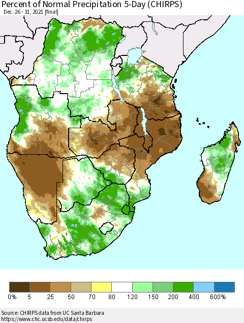 Southern Africa Percent of Normal Precipitation 5-Day (CHIRPS) Thematic Map For 12/26/2021 - 12/31/2021