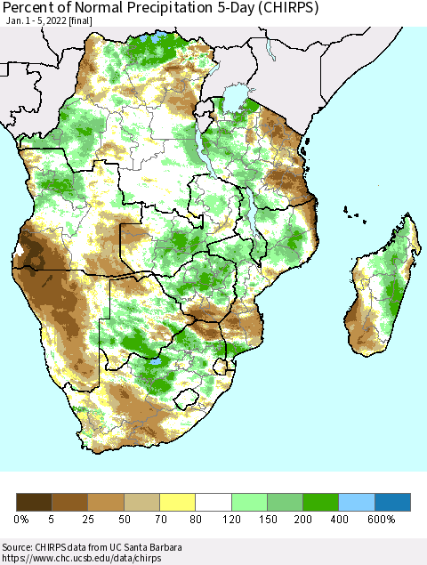 Southern Africa Percent of Normal Precipitation 5-Day (CHIRPS) Thematic Map For 1/1/2022 - 1/5/2022