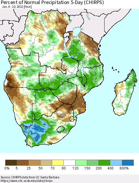 Southern Africa Percent of Normal Precipitation 5-Day (CHIRPS) Thematic Map For 1/6/2022 - 1/10/2022
